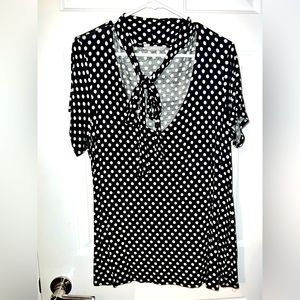 Lovesick black and white polka dot short sleeve blouse with bow tie neck